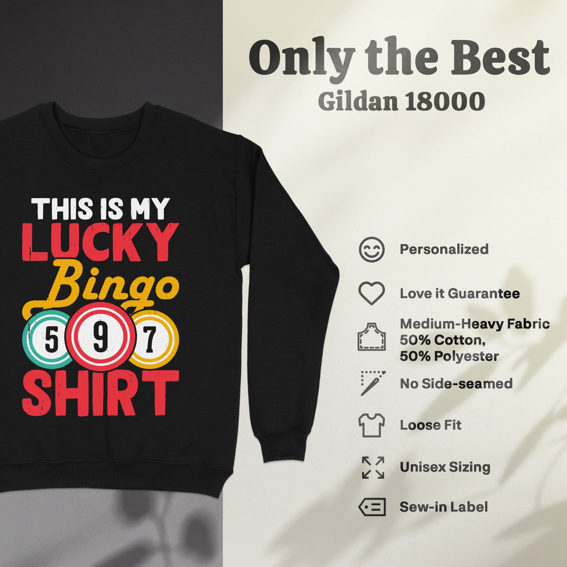 Black sweatshirt with "This is my lucky bingo shirt" and bingo balls.