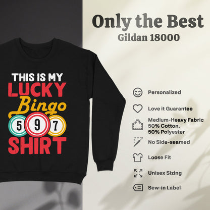 Black sweatshirt with "This is my lucky bingo shirt" and bingo balls.