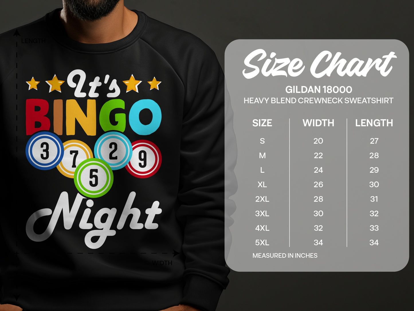 Gildan 18000 sweatshirt size chart with bingo design.