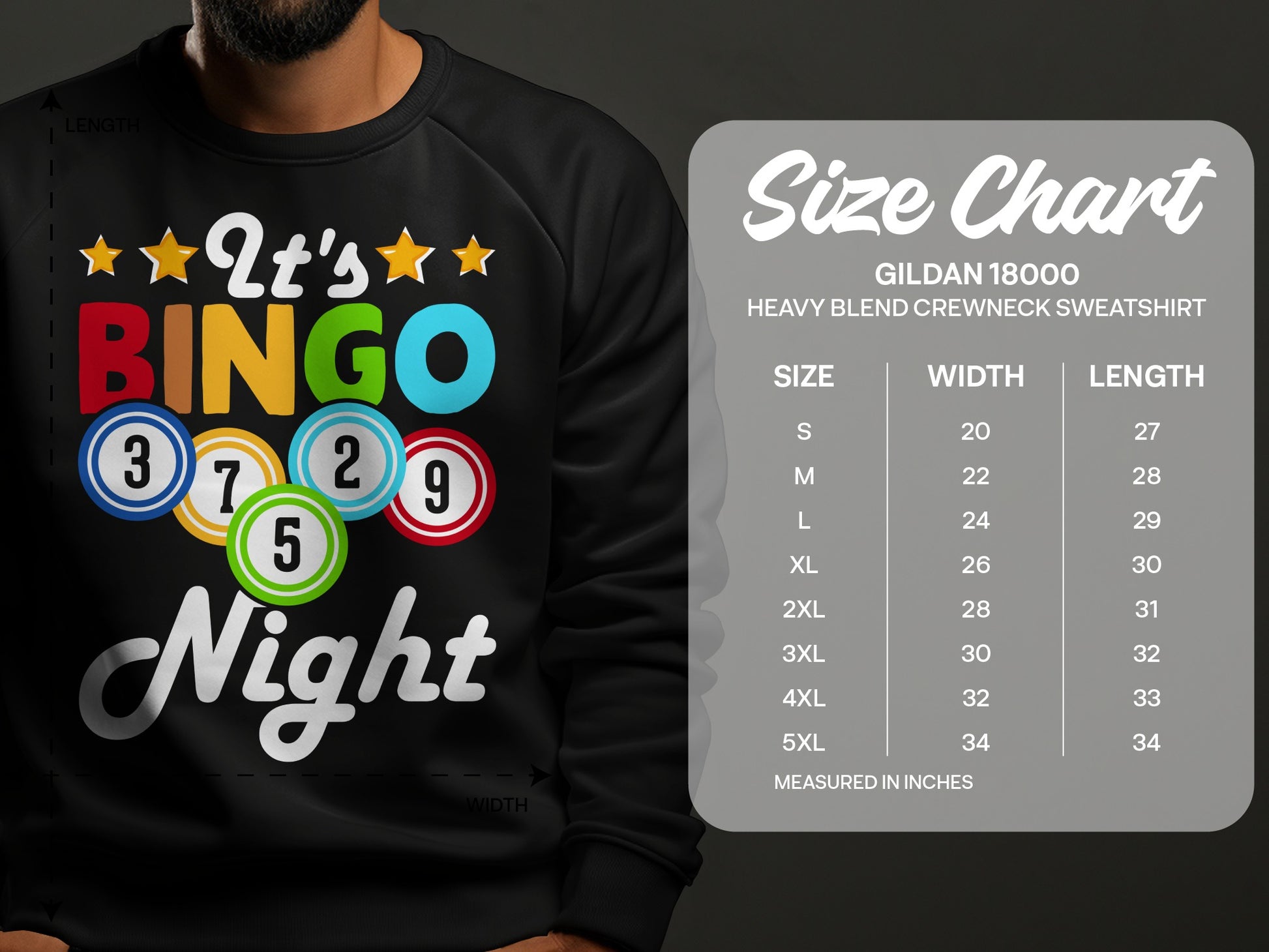 Gildan 18000 sweatshirt size chart with bingo design.