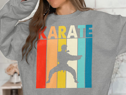 Karate graphic with colorful stripes and retro font.