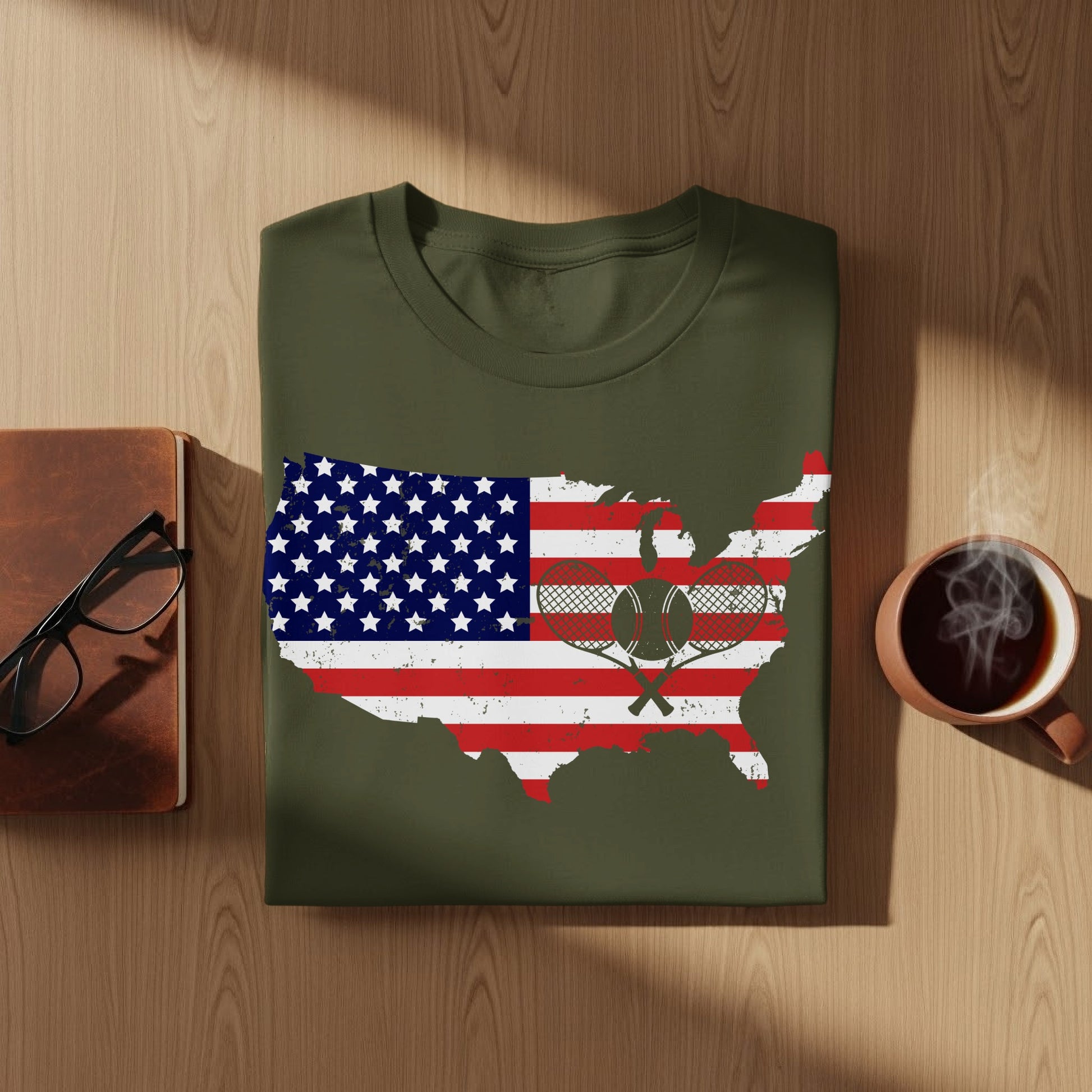 T-shirt featuring an American flag map graphic with crossed tennis rackets.