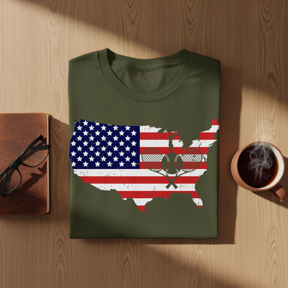 T-shirt featuring an American flag map graphic with crossed tennis rackets.