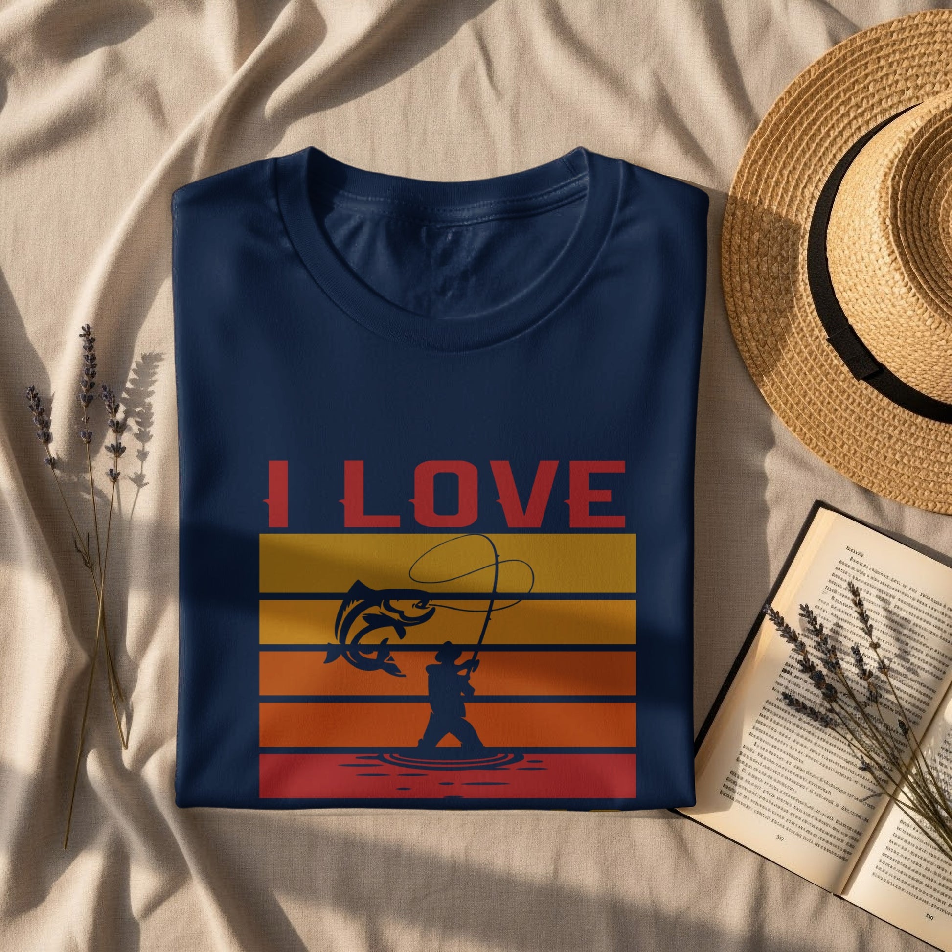 Navy t-shirt with "I LOVE FISHING" text and sunset fishing graphic.