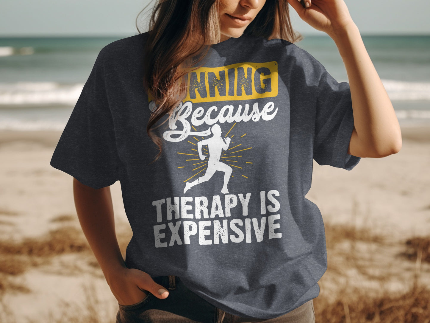 Dark t-shirt with "Running Because Therapy Is Expensive" text and runner graphic.