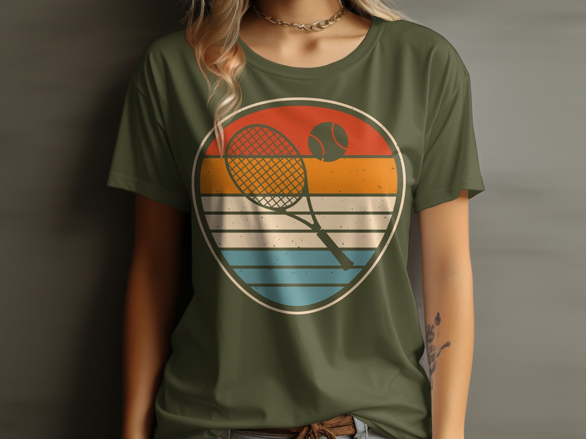 Retro tennis graphic on a green t-shirt.