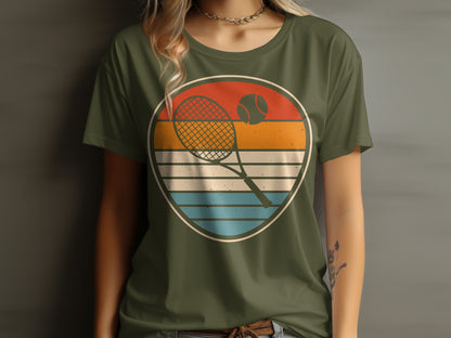 Retro tennis graphic on a green t-shirt.
