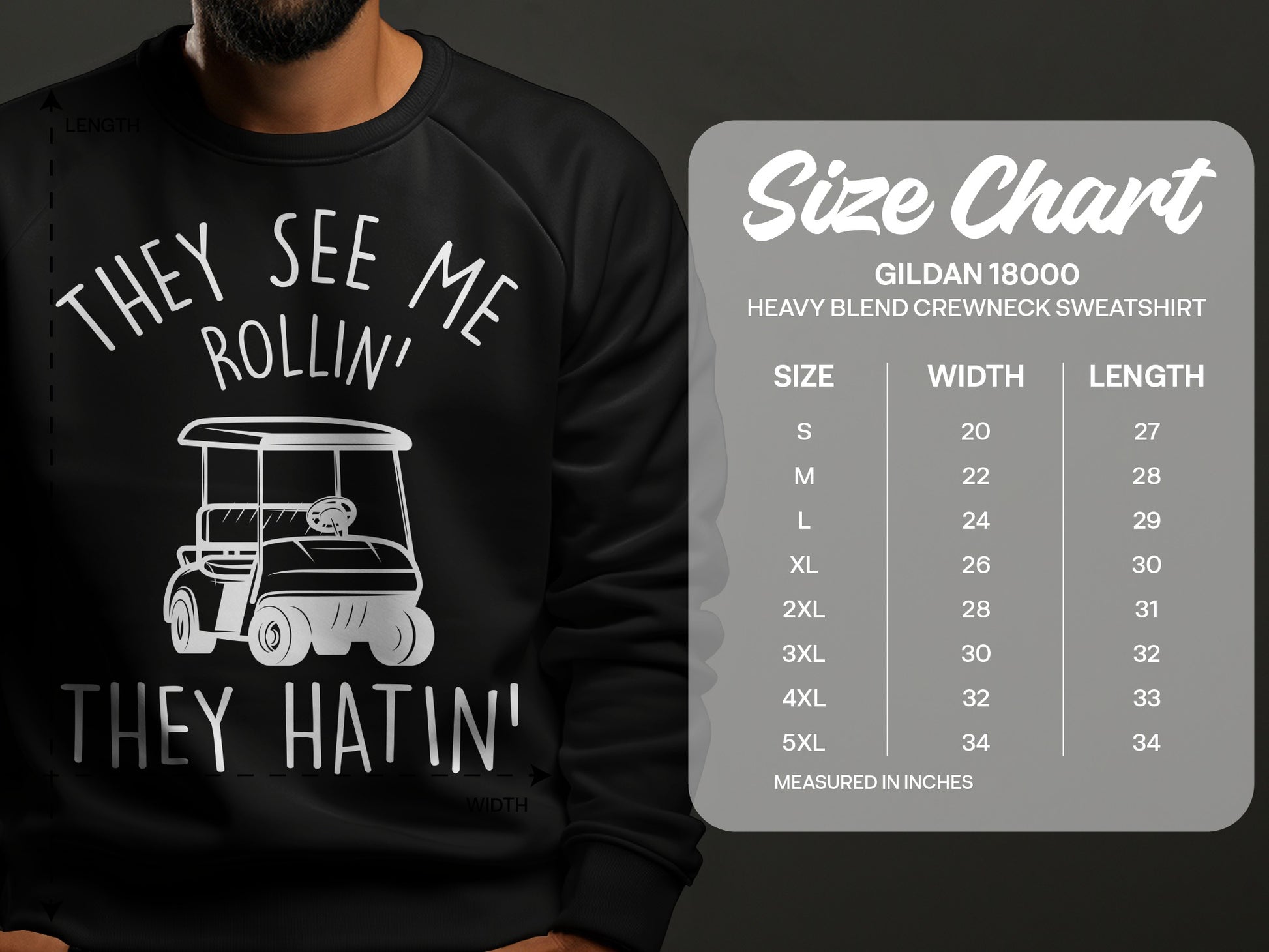 Crewneck sweatshirt with "They See Me Rollin' They Hatin'" graphic and size chart.