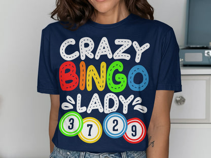 Navy t-shirt with "Crazy Bingo Lady" text and bingo balls 3, 7, 2, 9.