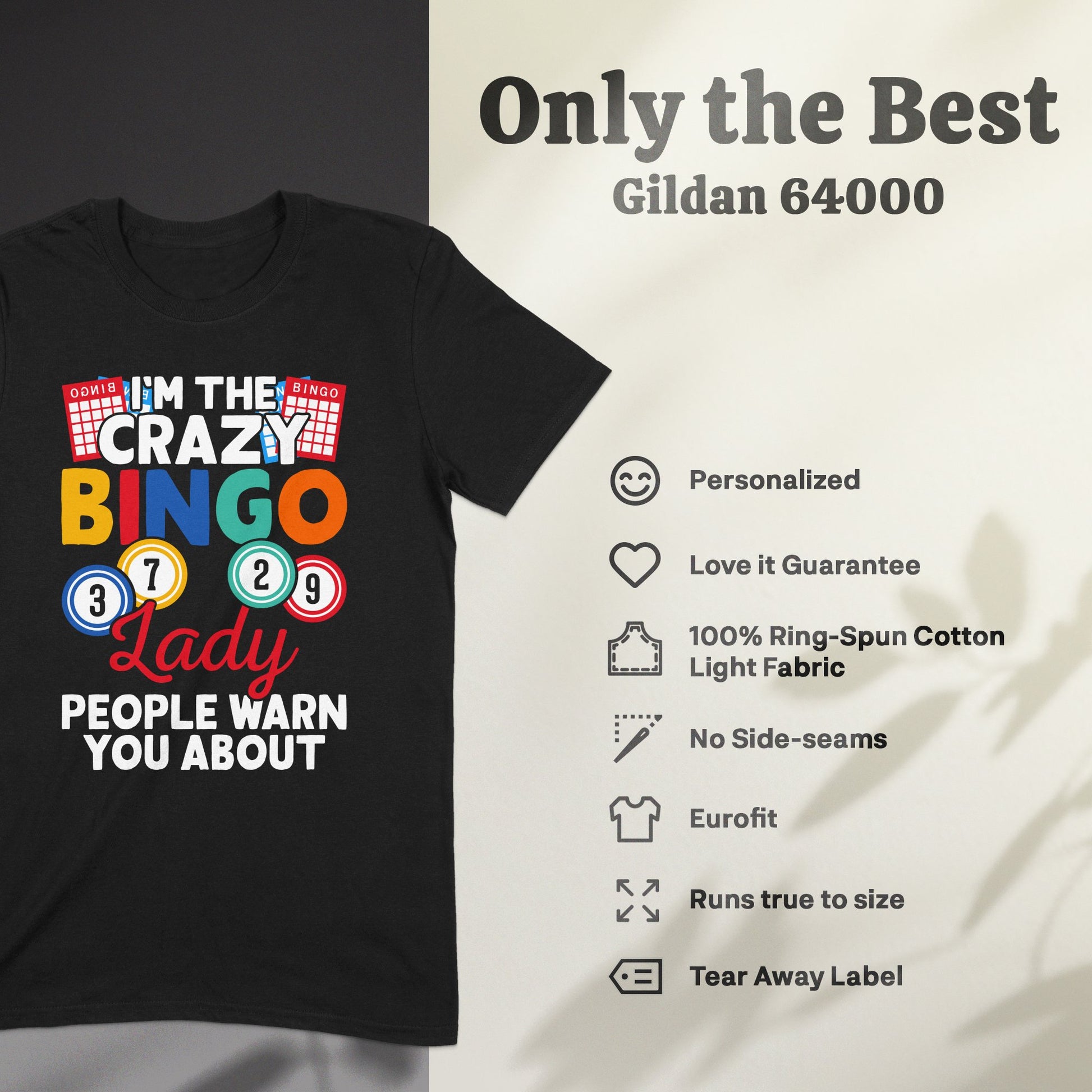 Black t-shirt with "Crazy Bingo Lady" text and bingo balls.