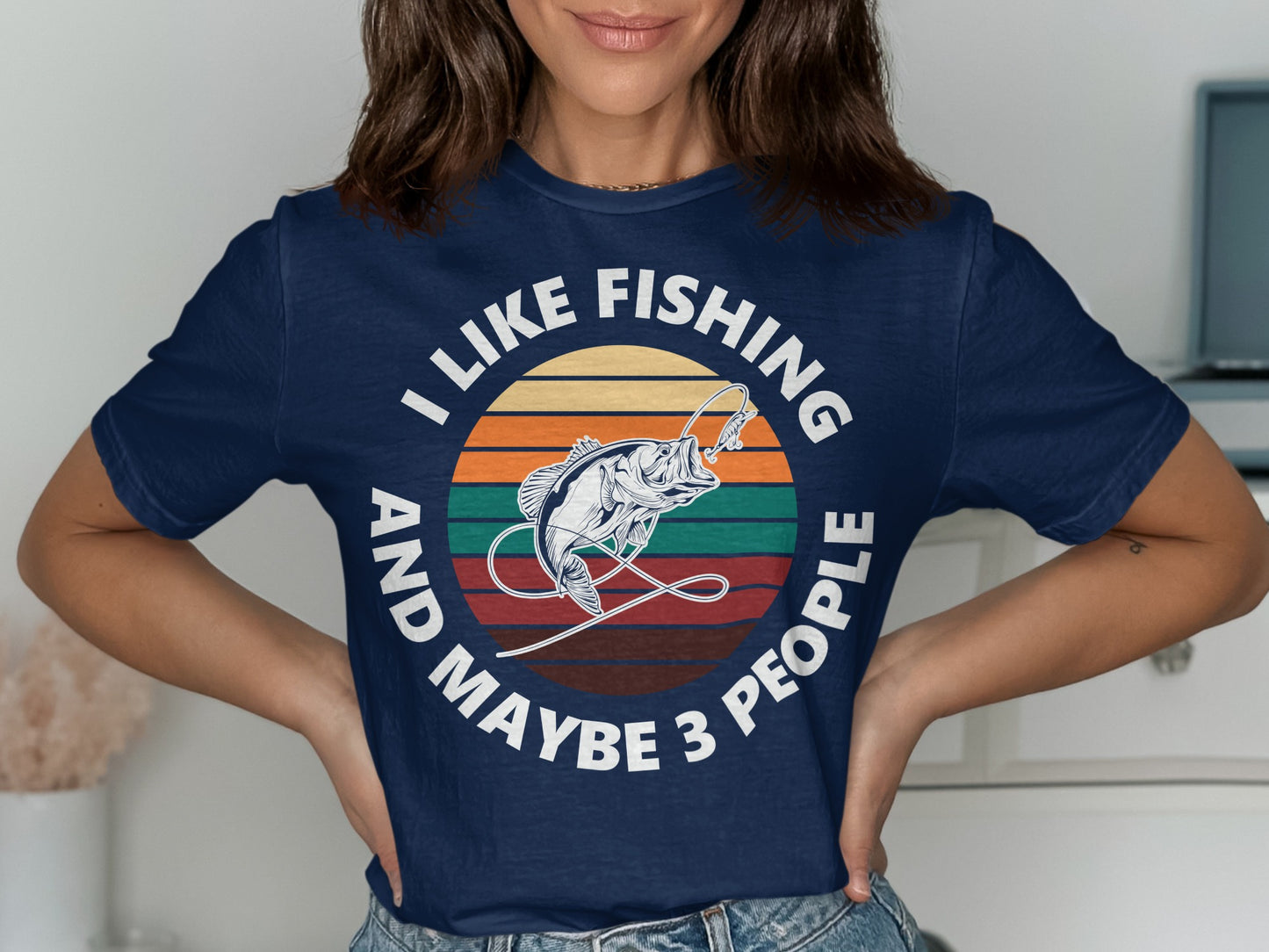Navy t-shirt with "I LIKE FISHING AND MAYBE 3 PEOPLE" and a fish graphic.