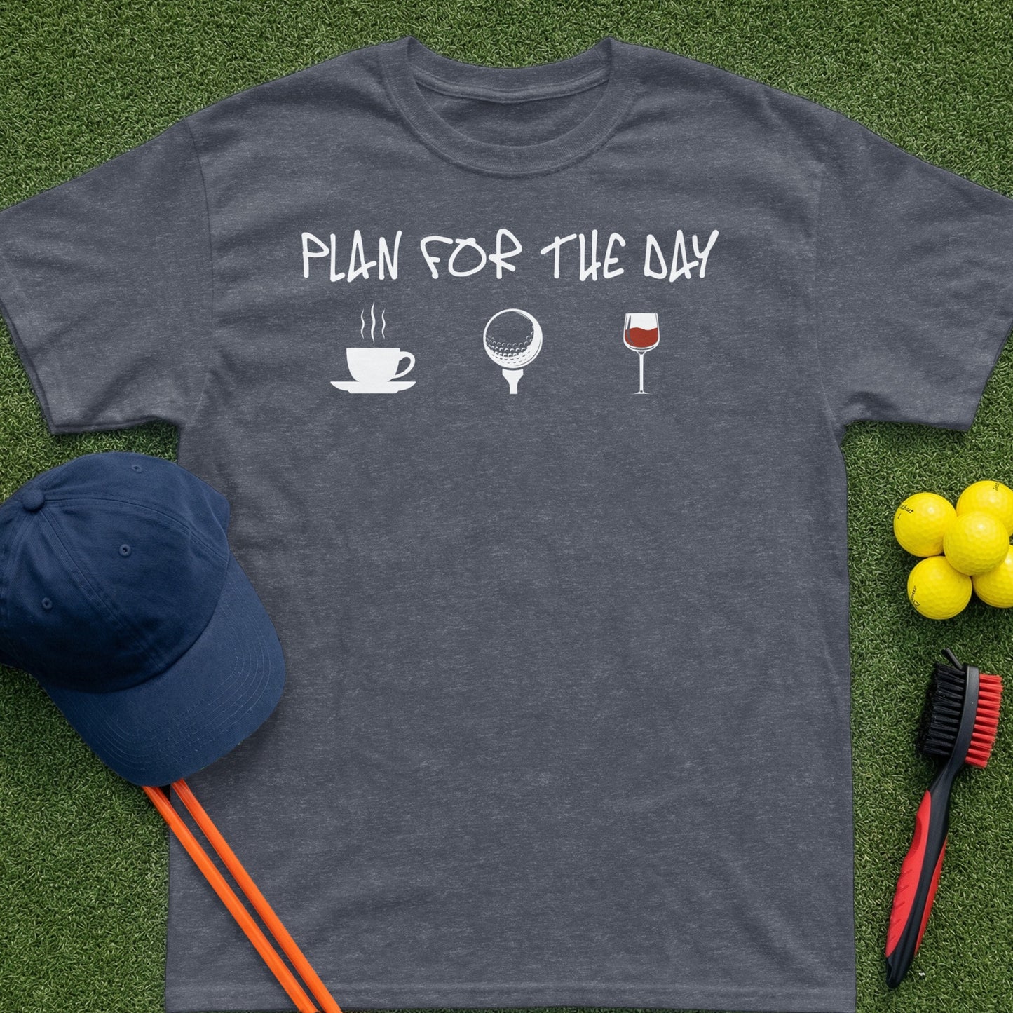 Dark t-shirt with "Plan for the Day" text and icons for coffee, golf, and wine.