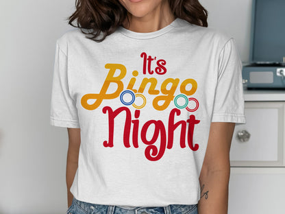 White t-shirt with "It's Bingo Night" in colorful letters.