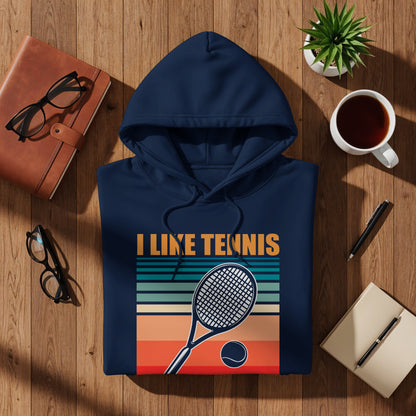 Navy hoodie with "I LIKE TENNIS" text and tennis racket graphic.