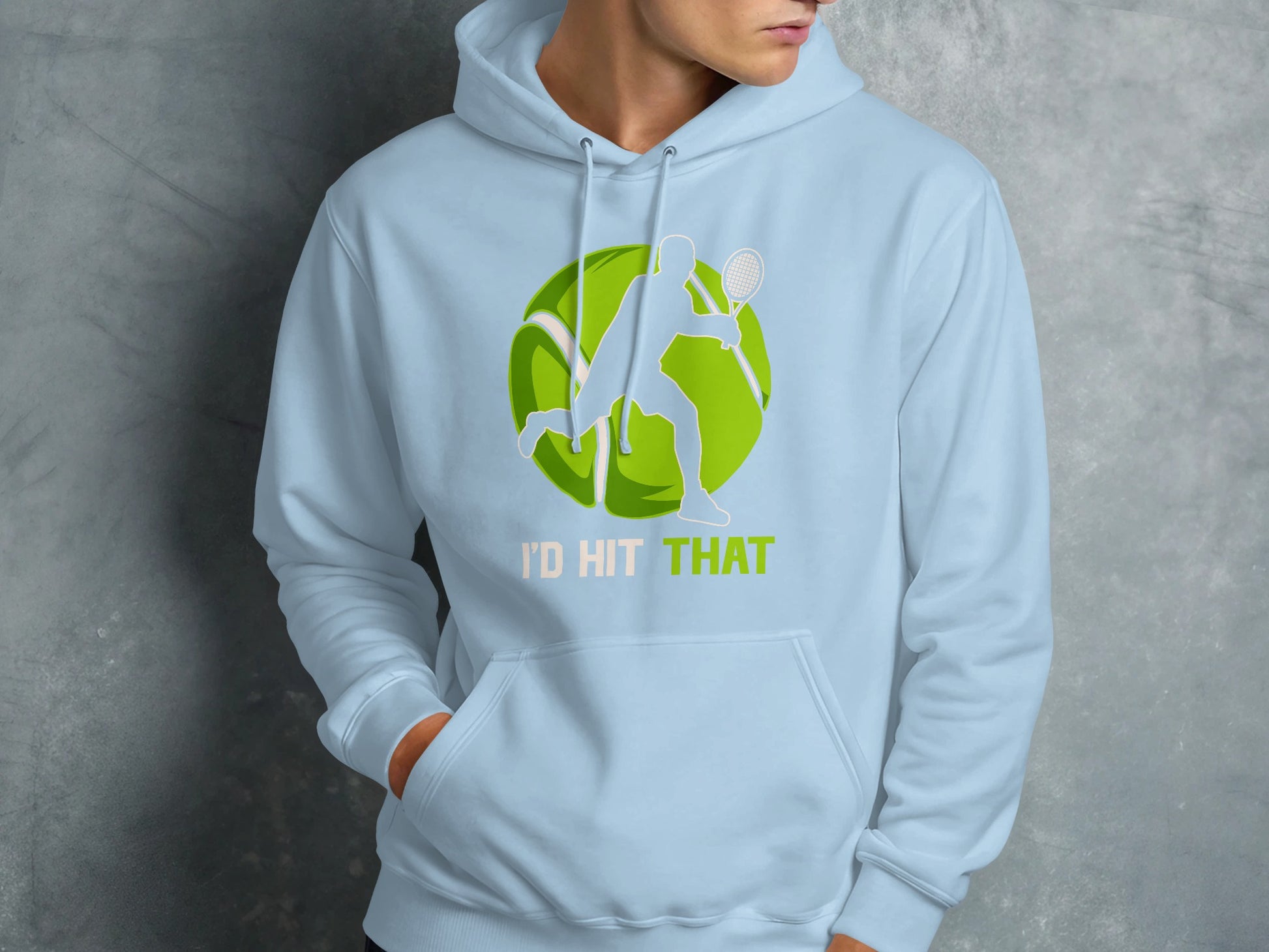 Light blue hoodie featuring a tennis player graphic and text "I'D HIT THAT".