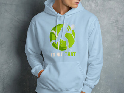 Light blue hoodie featuring a tennis player graphic and text "I'D HIT THAT".