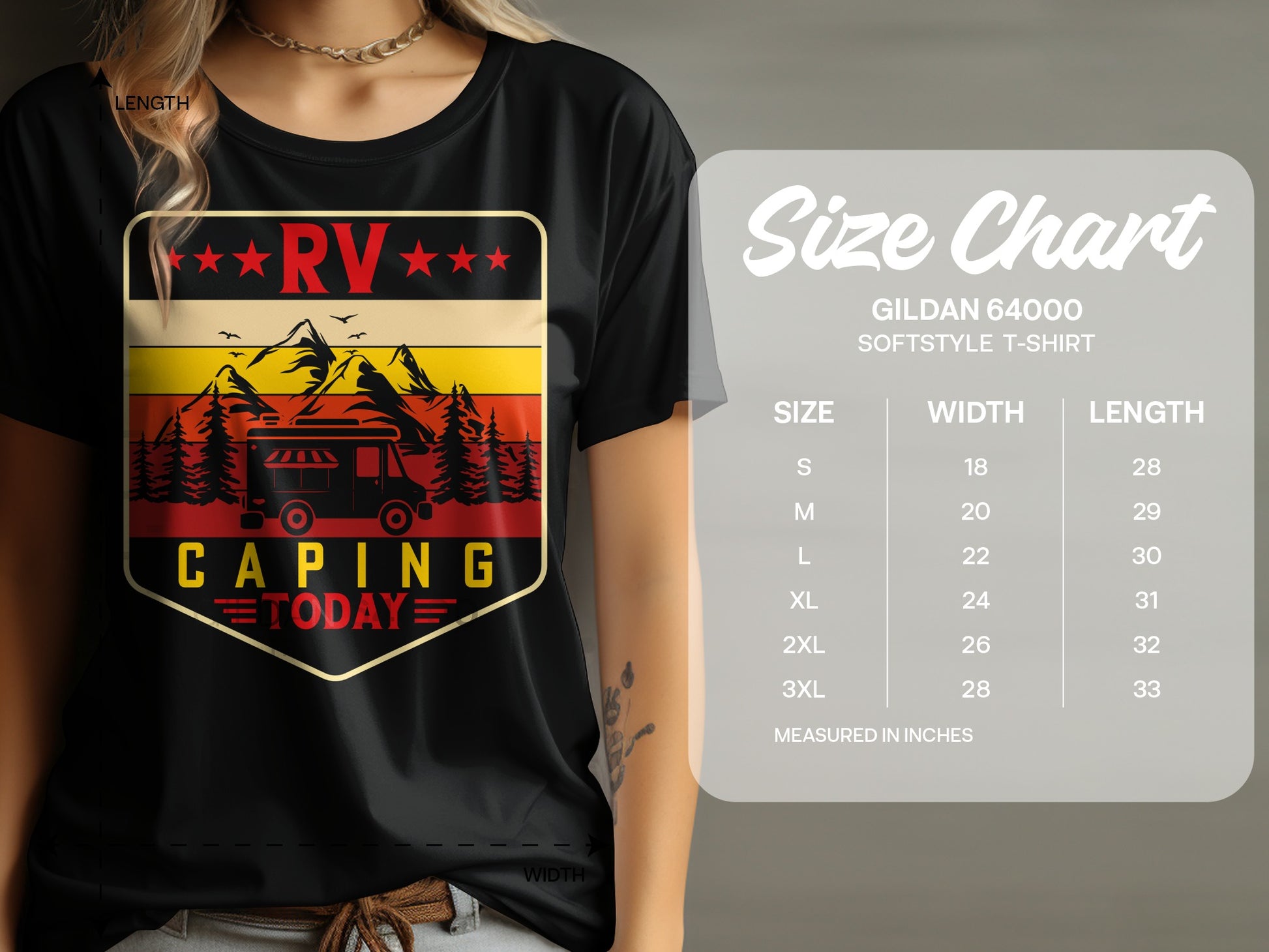 T-shirt with RV camping graphic and size chart for Gildan 64000 t-shirt.