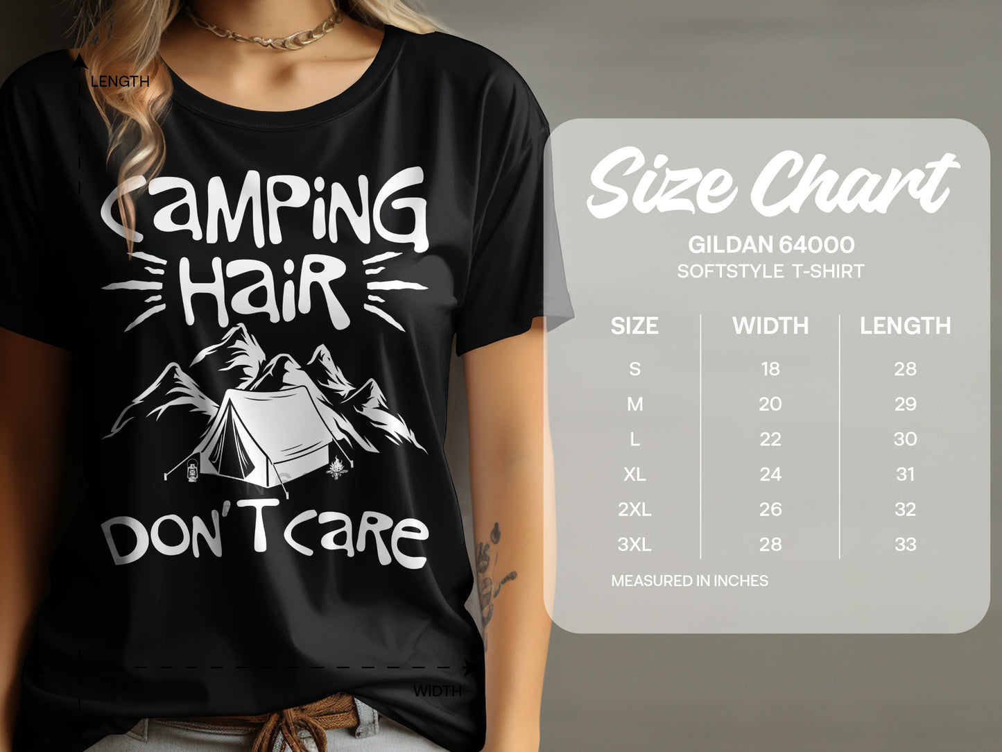 Black t-shirt with "Camping Hair Don't Care" text and size chart.