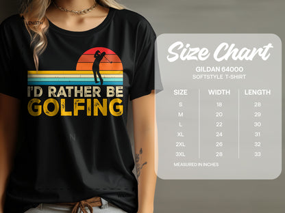 Black t-shirt with "I'd Rather Be Golfing" graphic and size chart.