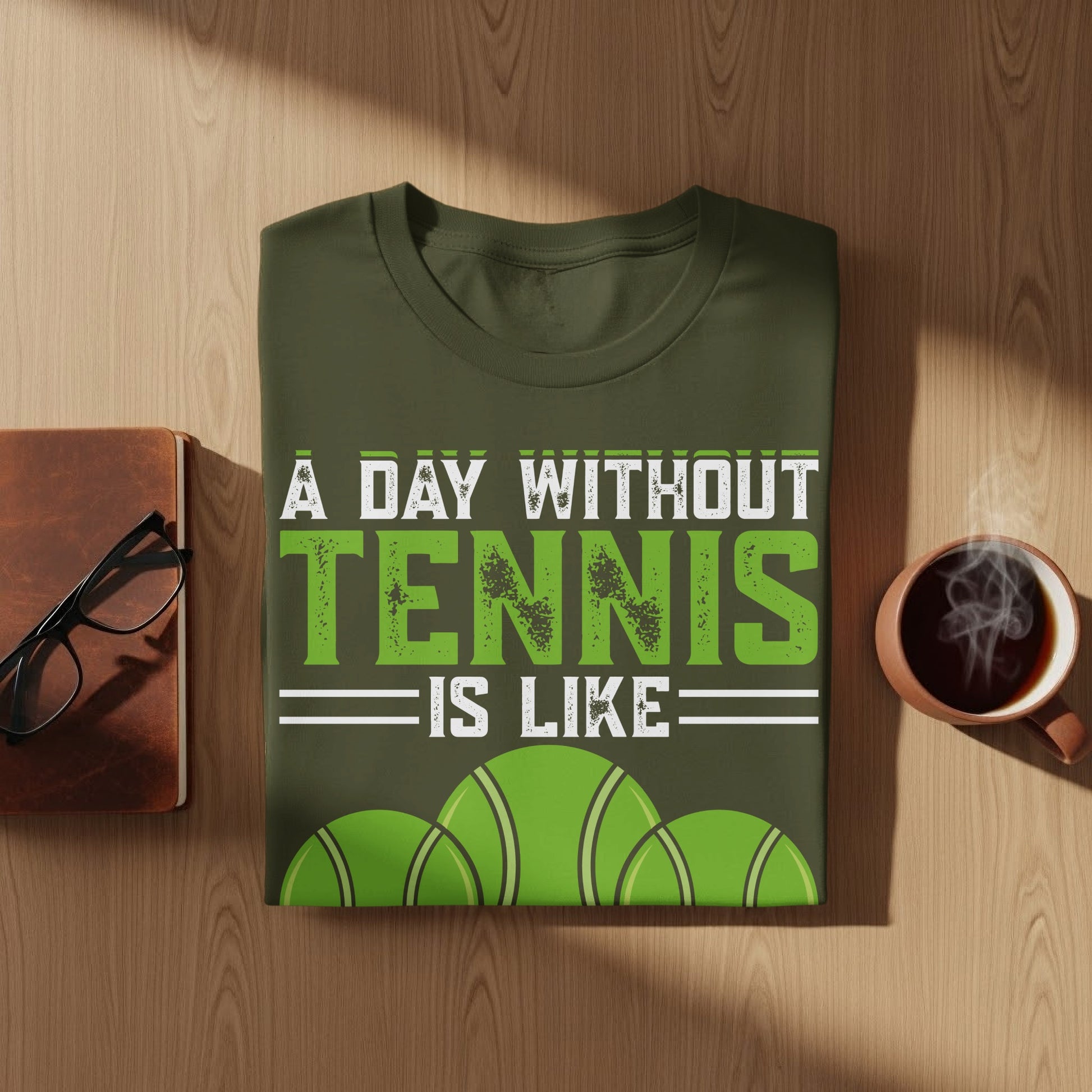 Olive green t-shirt with text "A day without tennis is like" and three tennis balls.