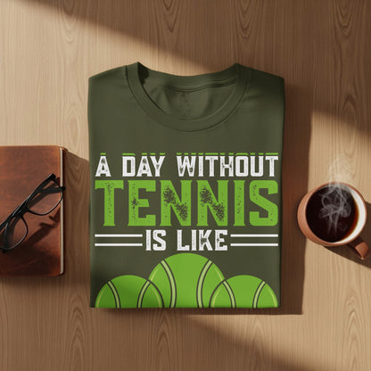 Olive green t-shirt with text "A day without tennis is like" and three tennis balls.