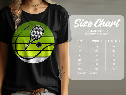 Gildan 64000 softstyle t-shirt size chart with measurements.