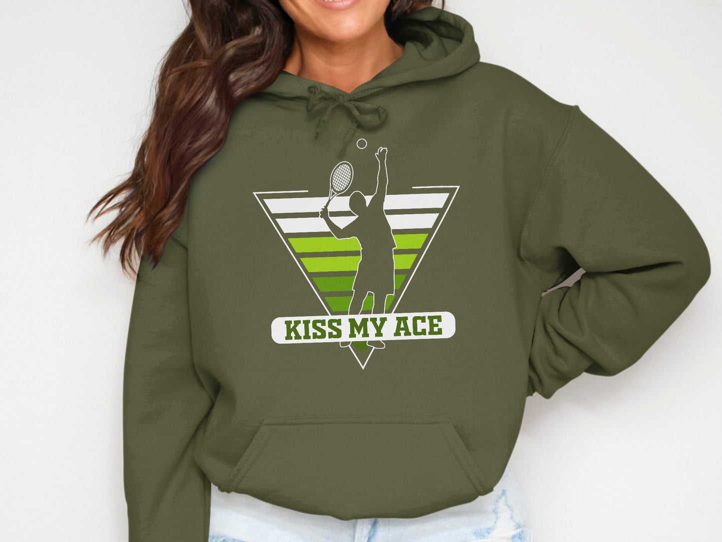Green hoodie with tennis player silhouette and "Kiss My Ace" text.