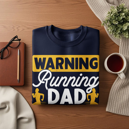 Navy sweatshirt with "Warning Running Dad" text and running figures.