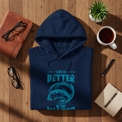 Navy blue hoodie with "Life is Better in the Water" and fish graphic.