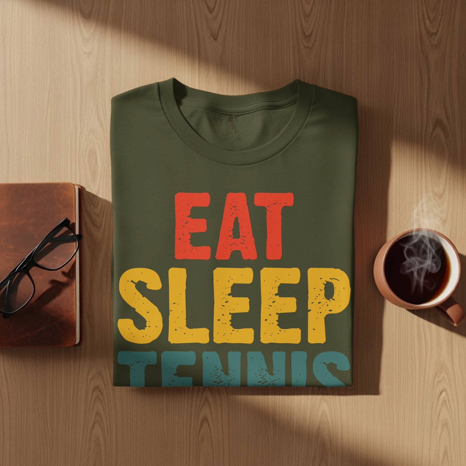 Green t-shirt with "EAT SLEEP TENNIS" in red, yellow, and blue text.
