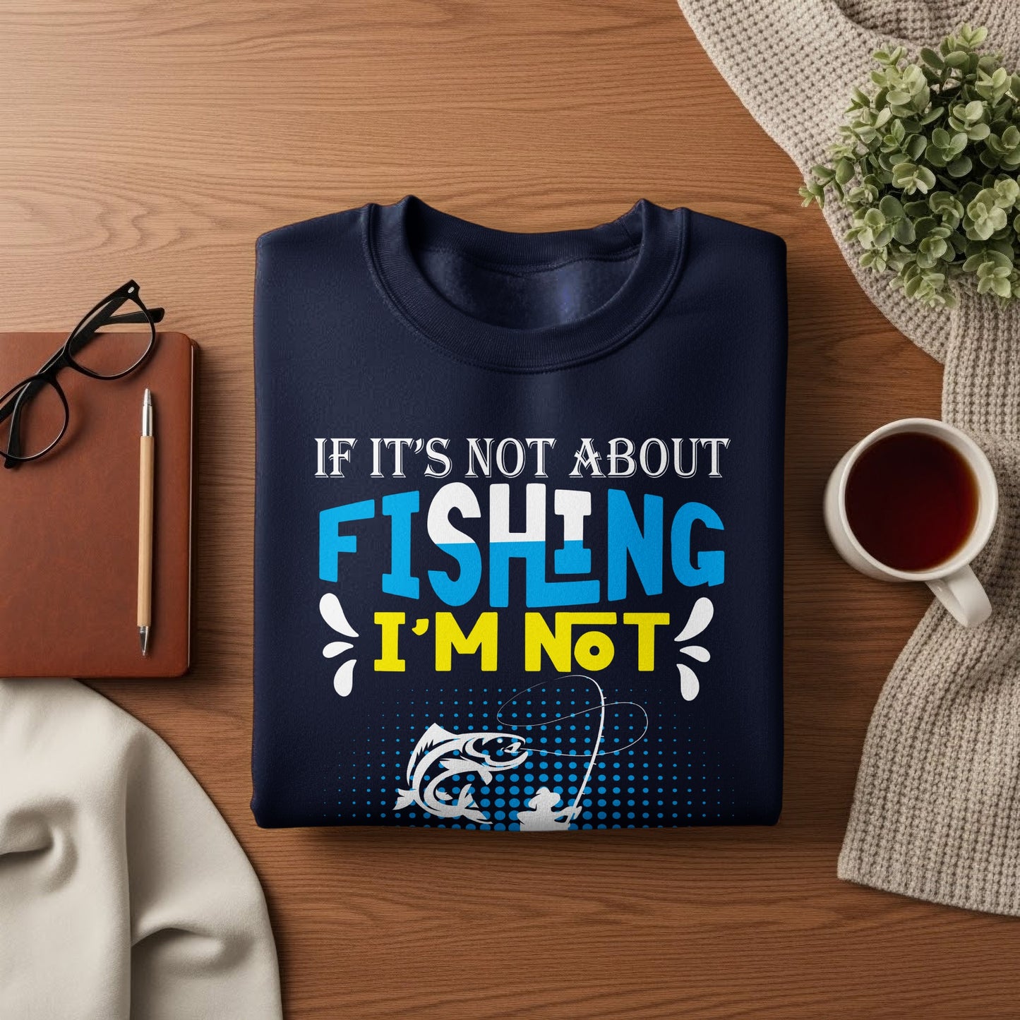 Navy sweatshirt with "If it's not about fishing I'm not" text and fishing graphic.