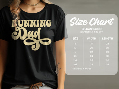 Black t-shirt with "Running Dad" graphic and a size chart.