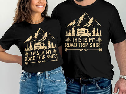 Two black t-shirts with mountain and RV graphic: "This is my road trip shirt".