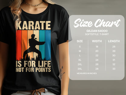 Black t-shirt with sunset karate silhouette and "Karate is for life not for points" text.