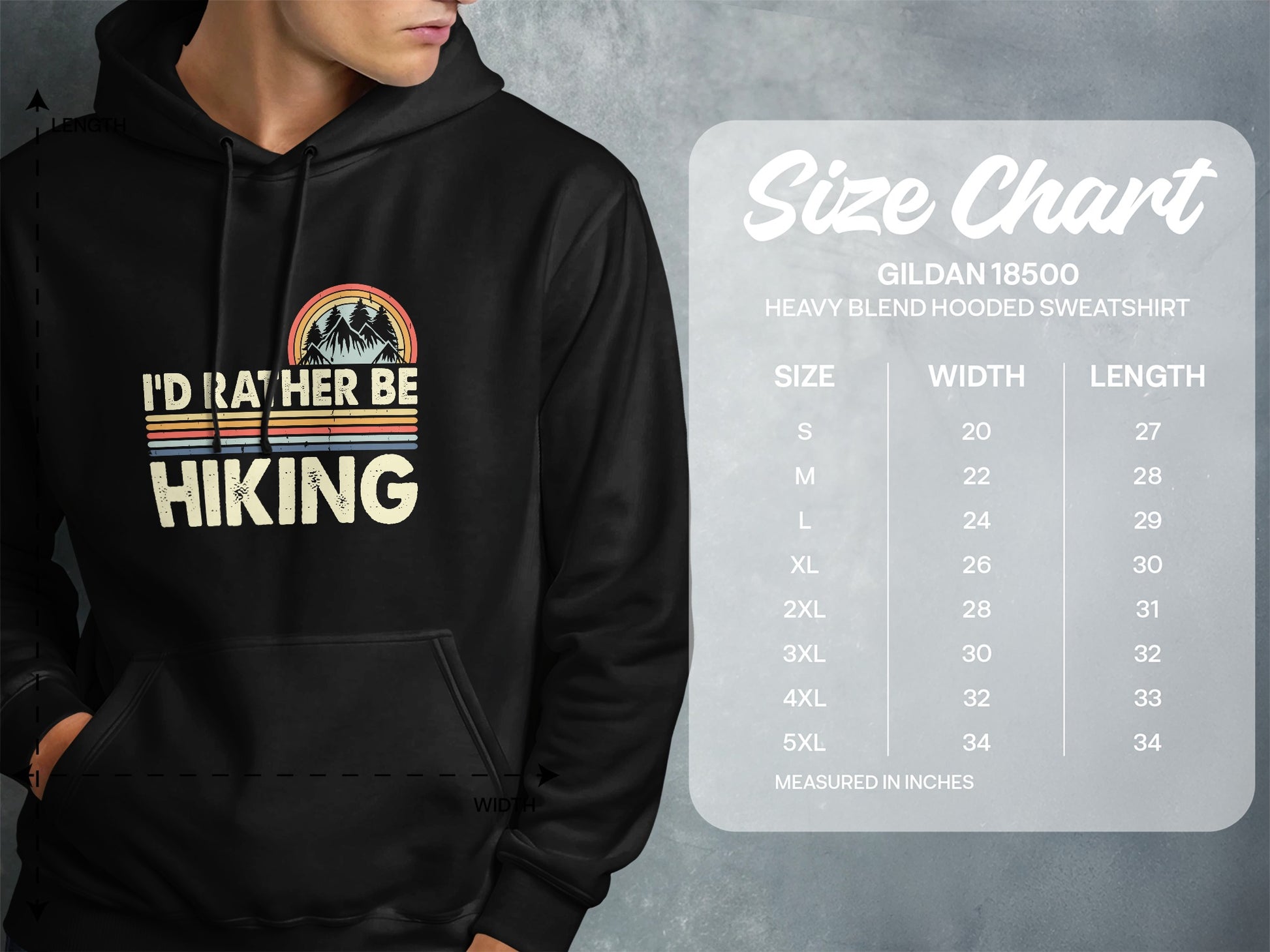 Hoodie with "I'd Rather Be Hiking" graphic and size chart.