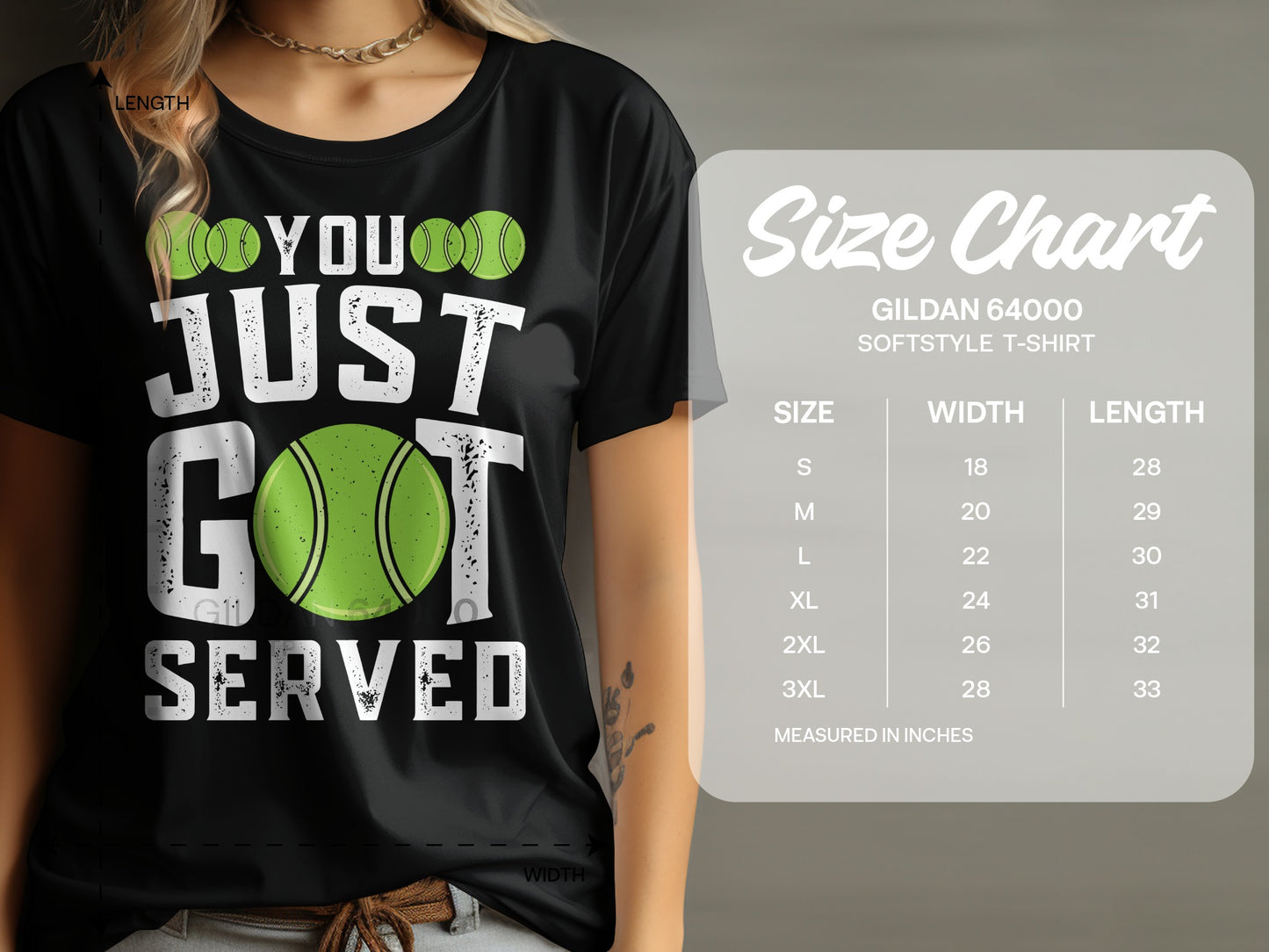 Black t-shirt with "YOU JUST GOT SERVED" and tennis balls graphic, with size chart.