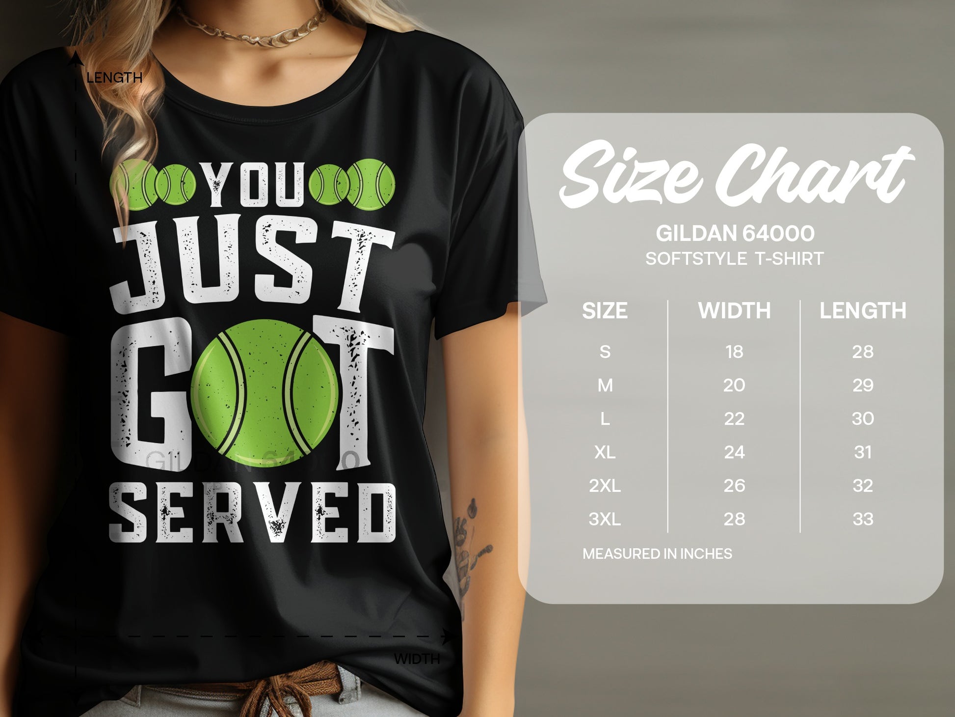 Black t-shirt with "YOU JUST GOT SERVED" and tennis balls graphic, with size chart.