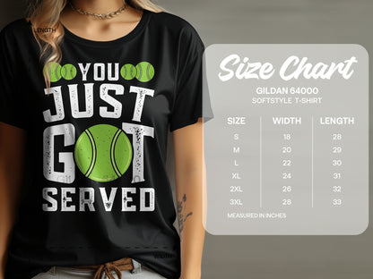 Black t-shirt with "YOU JUST GOT SERVED" and tennis balls graphic, with size chart.