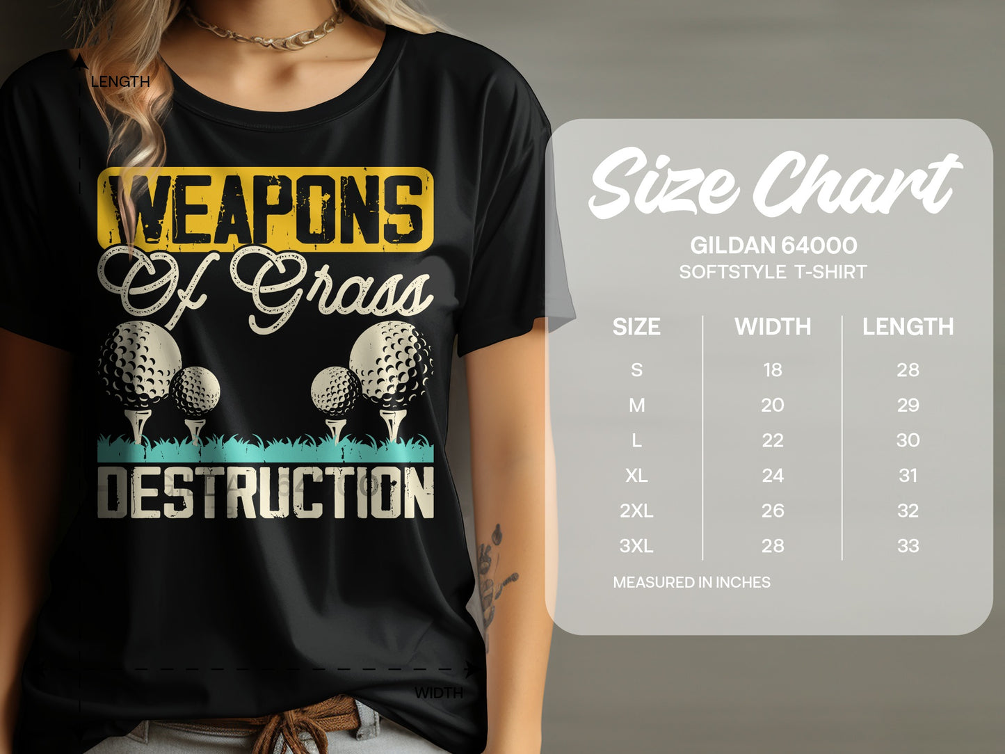 Black t-shirt with "Weapons Of Grass Destruction" graphic and size chart.