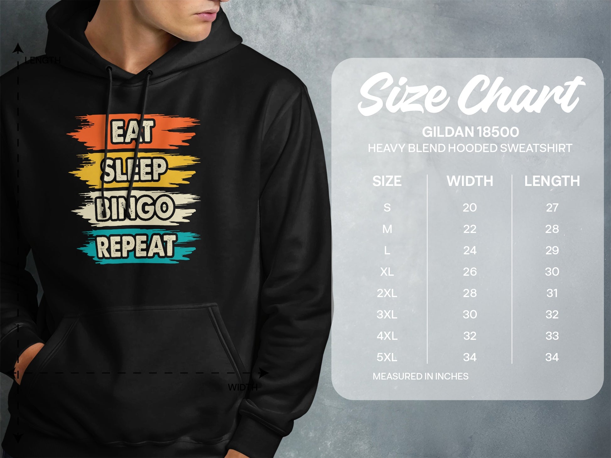 Hooded sweatshirt with "Eat Sleep Bingo Repeat" graphic and size chart.