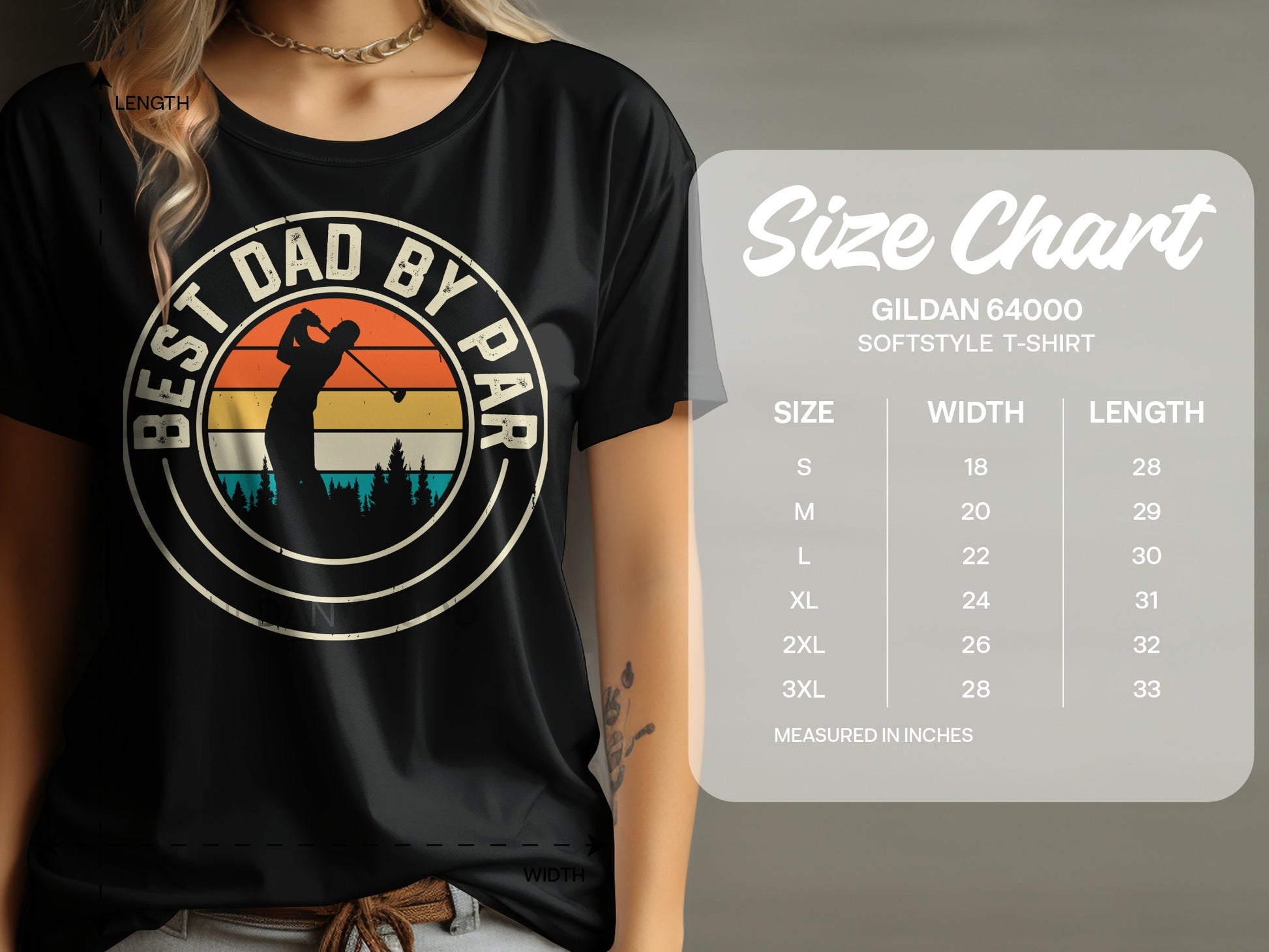 T-shirt size chart with golf sunset graphic and "Best Dad by Par" text.