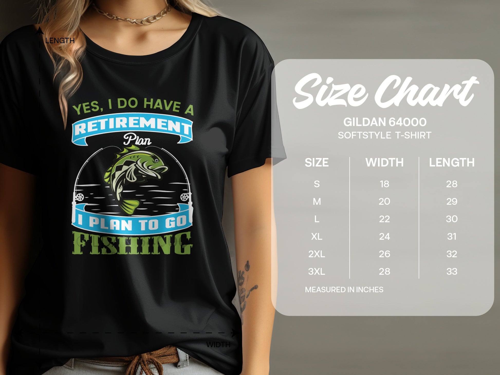 Black t-shirt with "Retirement Plan: I Plan to Go Fishing" graphic and size chart.