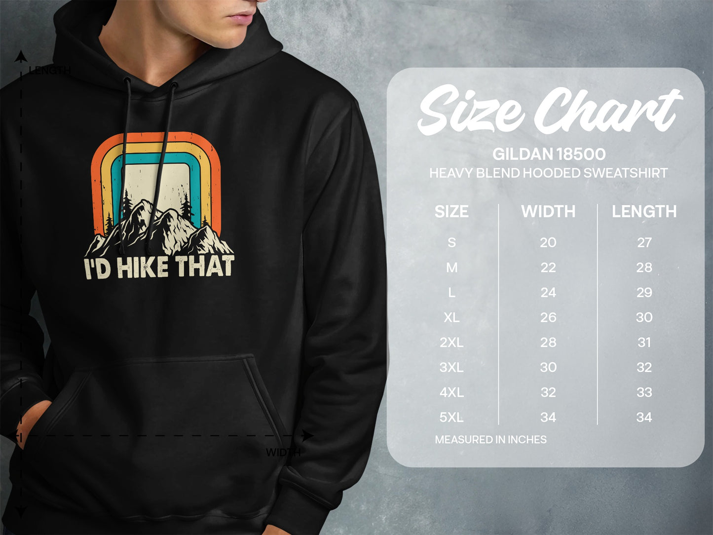 Hooded sweatshirt size chart with graphic showing mountains and text "I'D HIKE THAT".