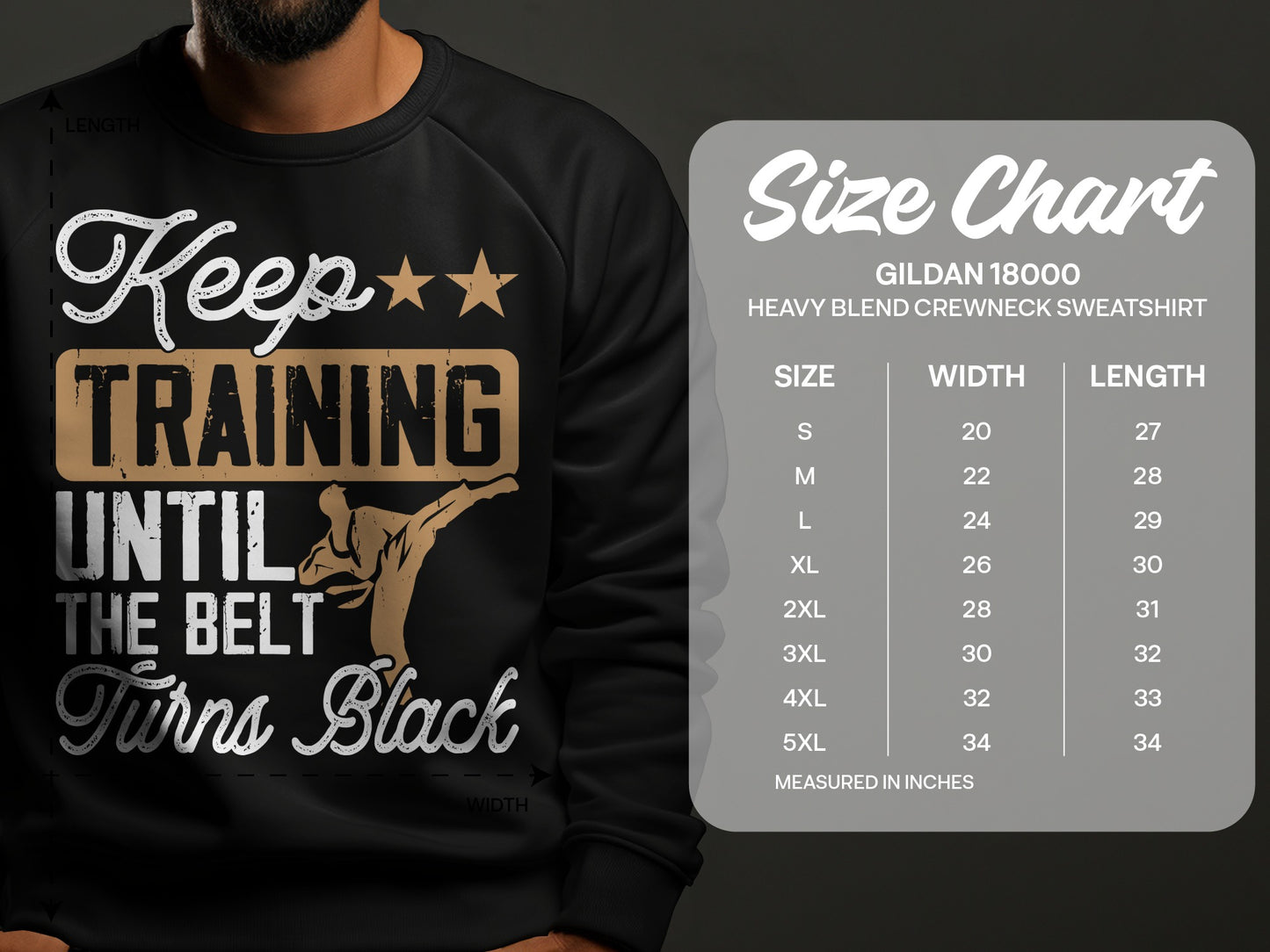Size chart for Gildan 18000 crewneck sweatshirt with measurements in inches.