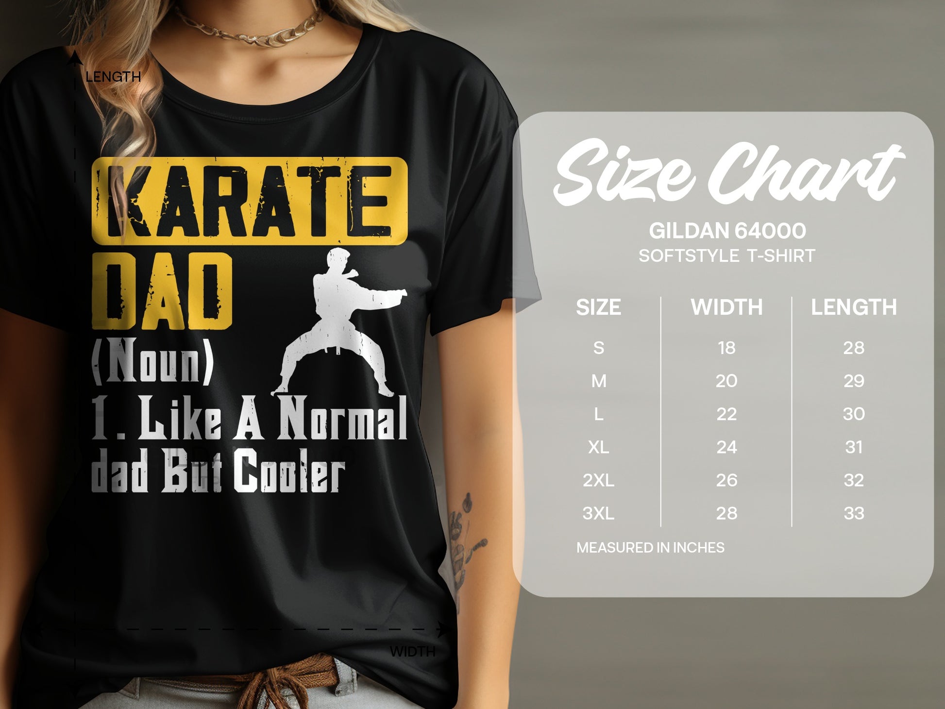 Black t-shirt with "Karate Dad" graphic and size chart.