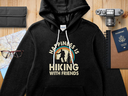 Black hooded sweatshirt with "Happiness is Hiking with Friends" graphic.