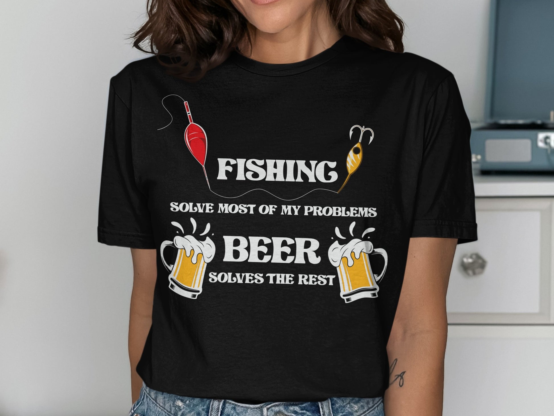 Black t-shirt with "Fishing solves most of my problems, beer solves the rest."