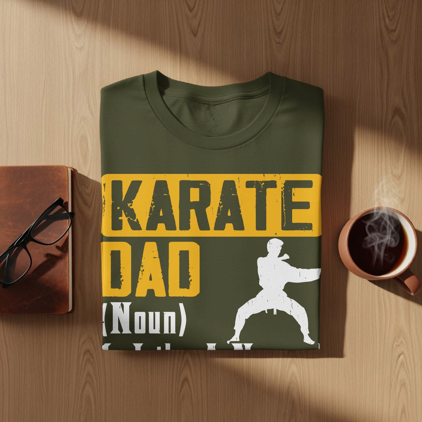 Olive green t-shirt with "KARATE DAD (Noun)" and karate silhouette graphic.