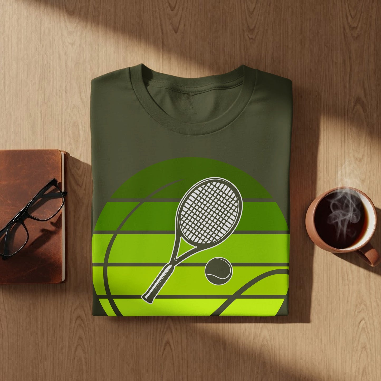Green t-shirt with tennis racket and ball graphic on wooden surface.