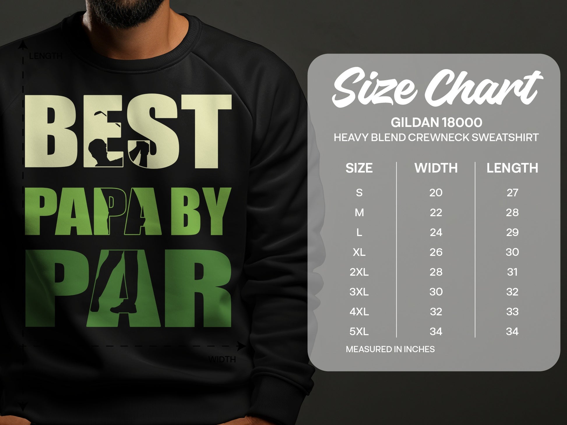 Gildan 18000 sweatshirt size chart with chest and length measurements.